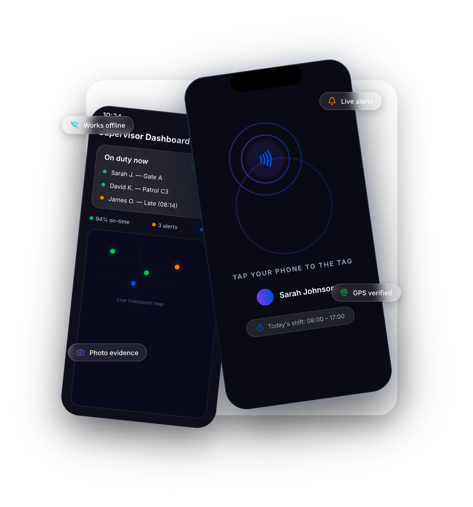 Tymer mobile app — Supervisor Dashboard and NFC Tap screens